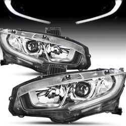 For 2016-2021 Honda Civic [Halogen Type w/LED DRL] OEM Projector Chrome Housing Headlight Headlamp Assembly Replacement Pair 