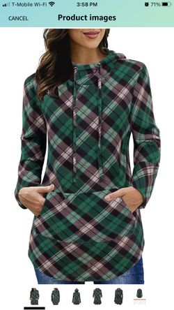 Womens Tunic Tops Casual Plaid Long Sleeve Pocket Hoodie Shirt Sweatshirt