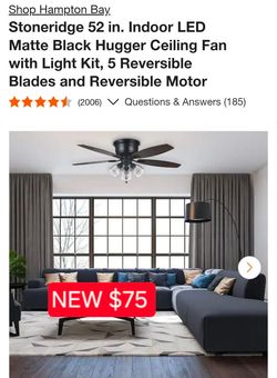 ✨️ Hampton Bay Stoneridge 52 in. Indoor LED Matte Black Hugger Ceiling Fan with Light Kit, 5 Reversible Blades and Reversible Motor #8295