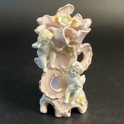 Vtg Pink Ceramic White Cherub Angels Bow Ribbon Pottery Vase Gold Trim 7" Floral
