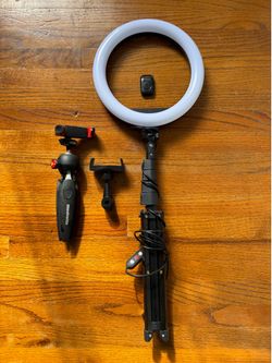 Manfrotto handheld tripod, ring light + phone  grip