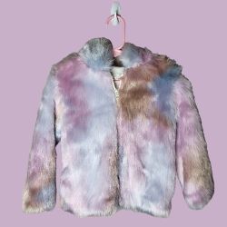 Tie Dye Effect Fur Jacket With Bear Hoodie