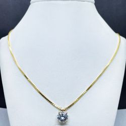 14k Solid Gold Box Chain And Rhinestone Pendant , Necklance gold pendant