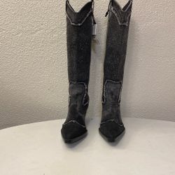 NEW Zara Denim Rhinestone Embellished Tall Dark Wash Western Boots Ladies Size 38 