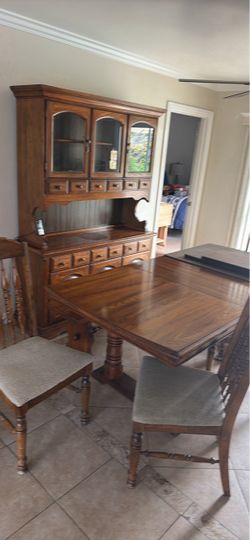 Wood Dining Table, Chairs, and China Hutch Set