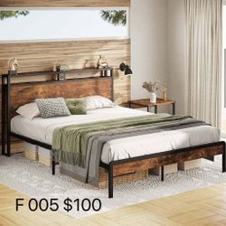 King Size Bed Frame, Platform Bed with 2-Tier Storage Headboard(005)
