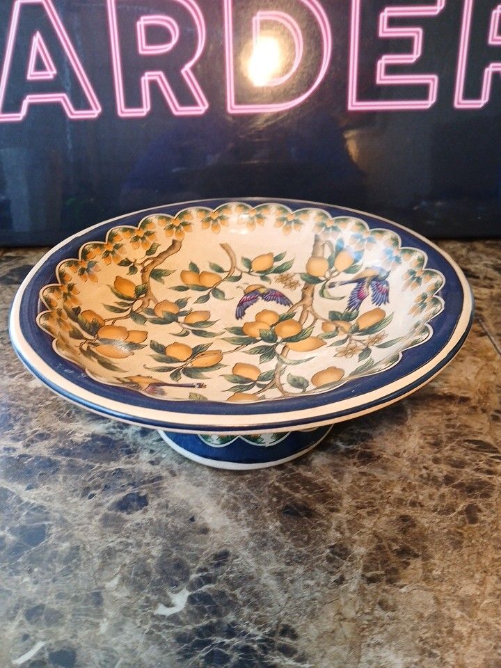 Lemon Trees + Birds Ceramic Pedestal Dish, Tuscany Style Pottery
This Vintage Lemon Trees + Birds Ceramic Pedestal Dish is a charming piece of Tuscan