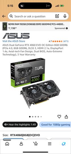 Asus Dual Fan RTX 4060 8gb