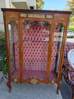 Antique Curio Display Cabinet w/ Glass Shelves Tufted