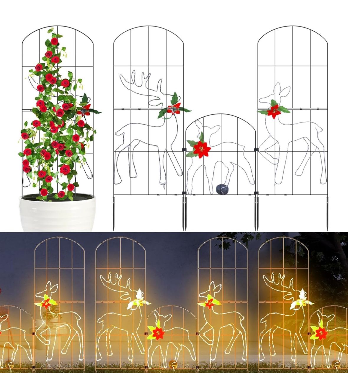38" Garden Metal Trellis for Climbing Plants support with Lights, 3 Pack, Solar