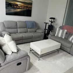 3 piece reclining gray cloth couch
