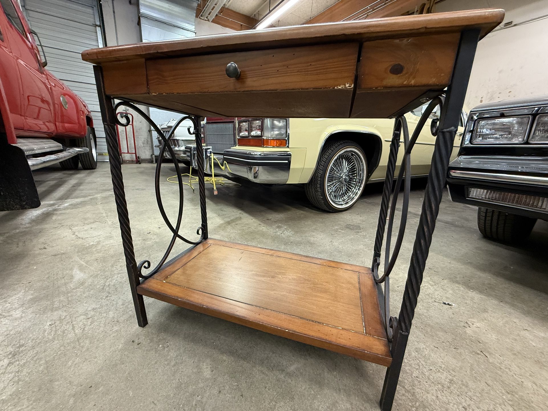 Nice Wood And Wrought Iron Console Entry Side Table With Drawer