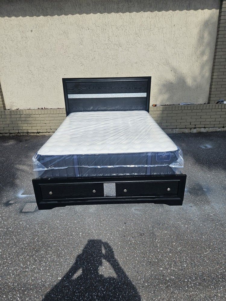 Black Queen Size Solid Wood Platform Bed Frame With Brand New Queen Size Plush Mattress And Box Spring In Plastic