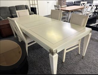 π₯ Brand New Luxury Off-White 7-Piece Solid Wood Dining Table Set with Upholstered Chairs & Gold Accents | Pickup & Delivery π