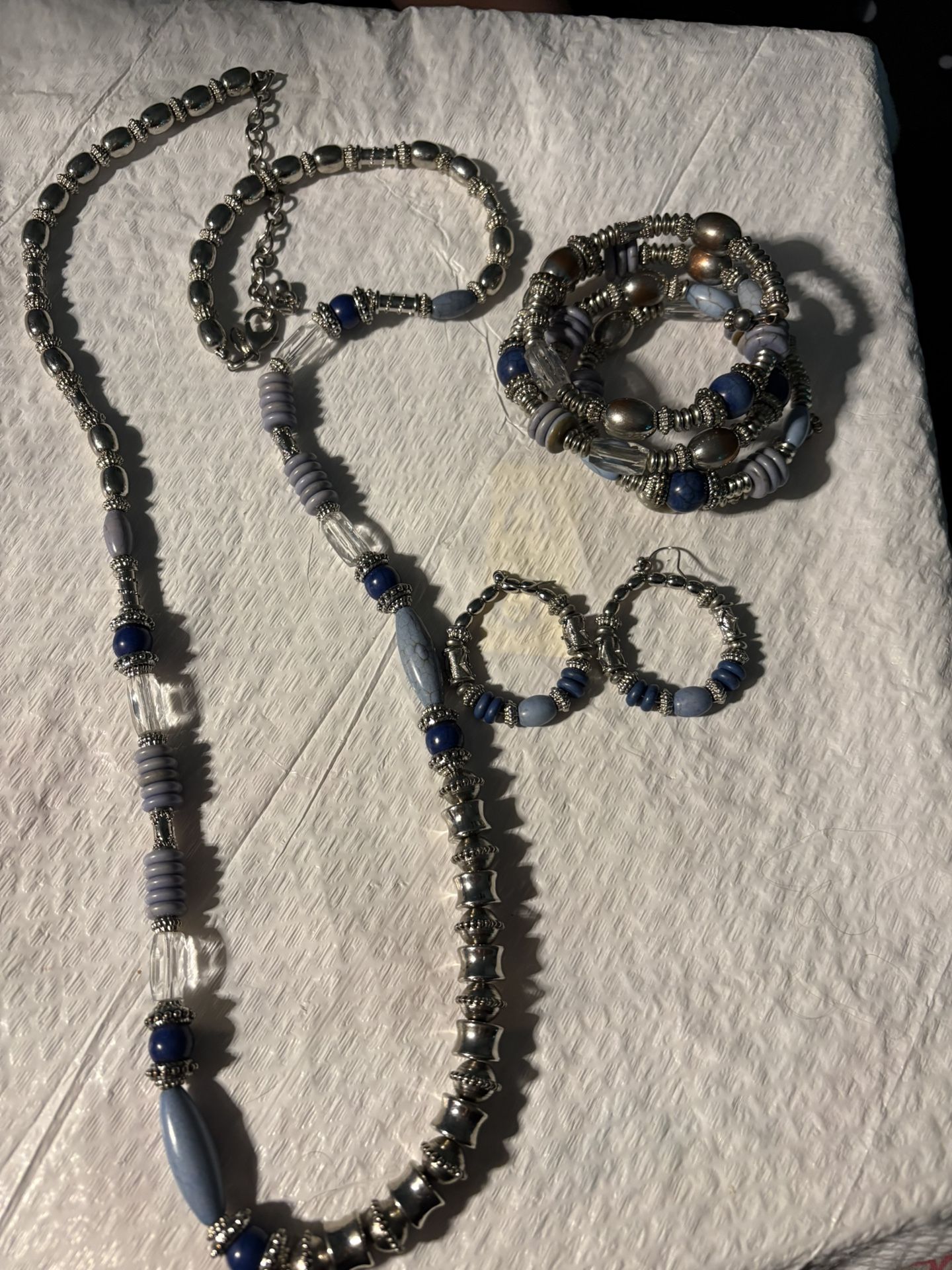 3 Piece Bracelet Earrings And Long Bead Necklace..