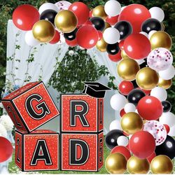 Graduation Party Decorations Set – 4 Boxes + 144pcs Balloon Arch Kit – Red/Gold – New
