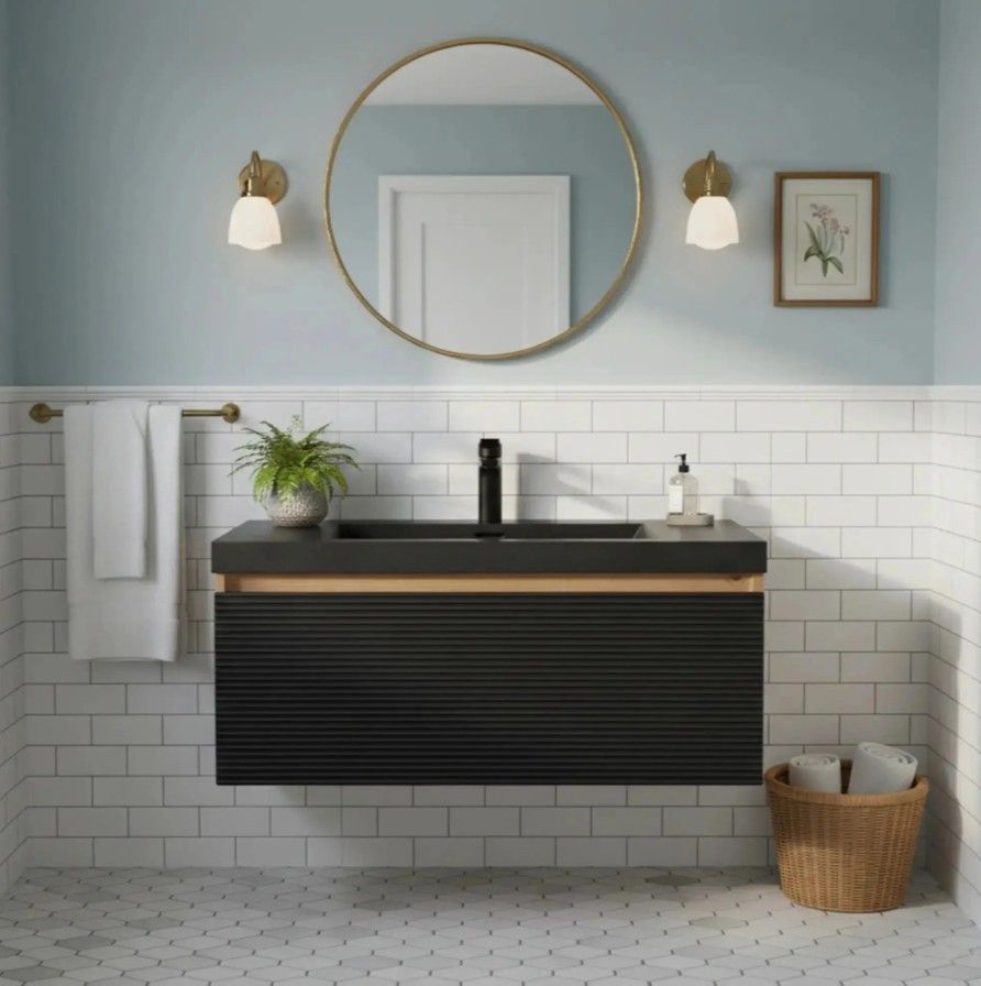 36" Crius Floating Bathroom Vanity – Black Quartz Top