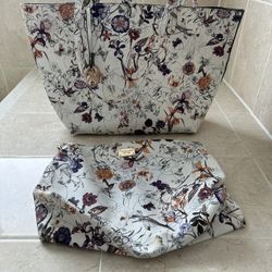 Women Fashion White Flowery and Butterflies Tote with makeup bag