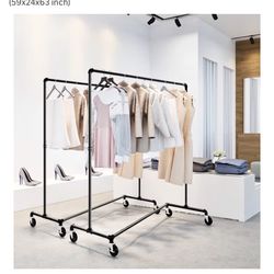  2× Z-Base Industrial Pipe Clothing Racks (Heavy Duty, Rolling)