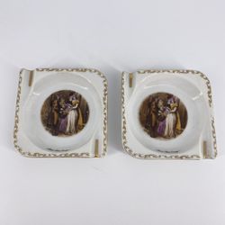 Set of 2 Sweet China Orange Ashtray Colonial Scene 4" White Porcelain