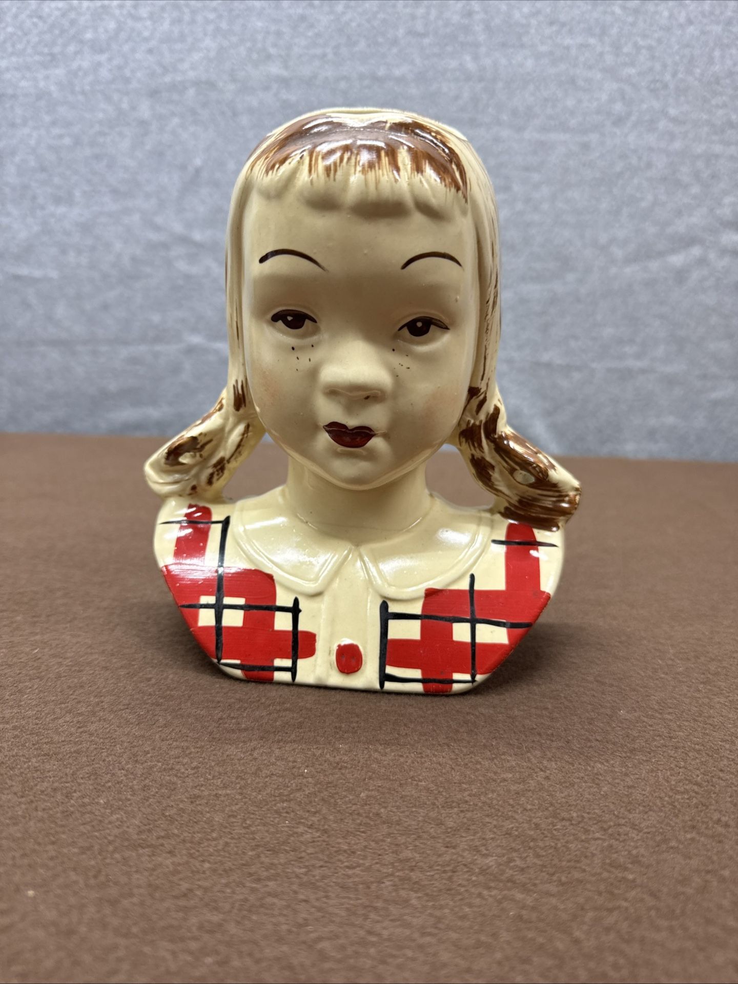 Vintage Girl Head Wall Pocket Planter JEAN Ceramic Japan Plaid Dress Vase