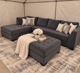 Dark Gray Tufted Sectional Sofa with Ottoman
