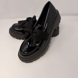 Women’s Black Patent Chunky Loafers – Size 42 (Bow Detail)