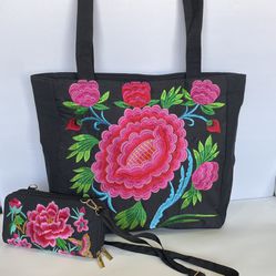 Beautiful Mexican art purse with matching wallet, flowers handbag, embroidered