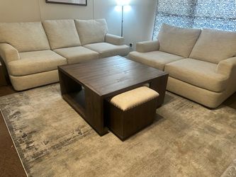 Can Deliver - Sofa and Loveseat Set with Dark Wood Square Coffee Table with Ottoman