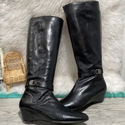 Black Leather Bandolino Adanna Wedge Boots Womens 6.5 M 