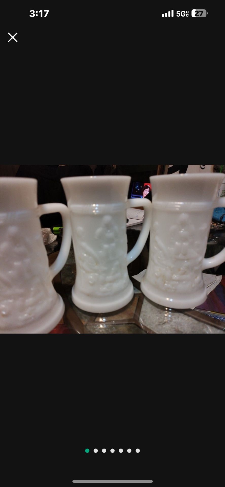 Six vintage milk, glass Steins, and one decanter