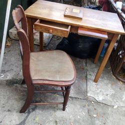 Antique Table And Chair As Well As Wooden Log Book All For $20