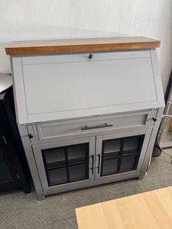 Gray Secretary Desk with Glass Door Cabinet, Drop Lid Desk with Drawer