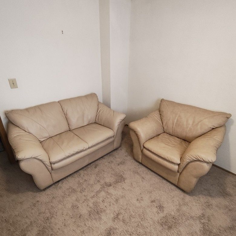 Beige Leather Chair And Loveseat