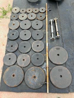 Standard weights 255lb, bar and dumbbell handles