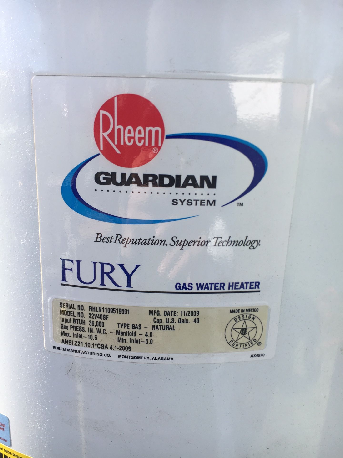 Rheem fury gas water heater