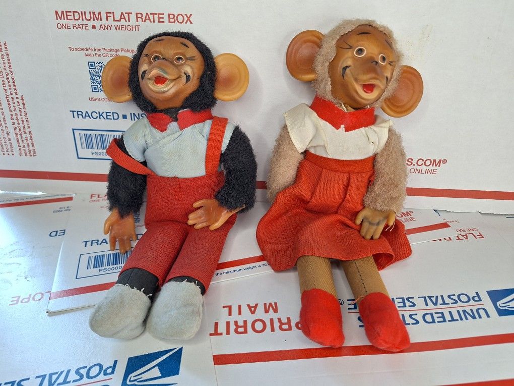 VTG Rubber Face Monkey Plush Chimp Male Female Pair 11” Japan 1950s Zippy