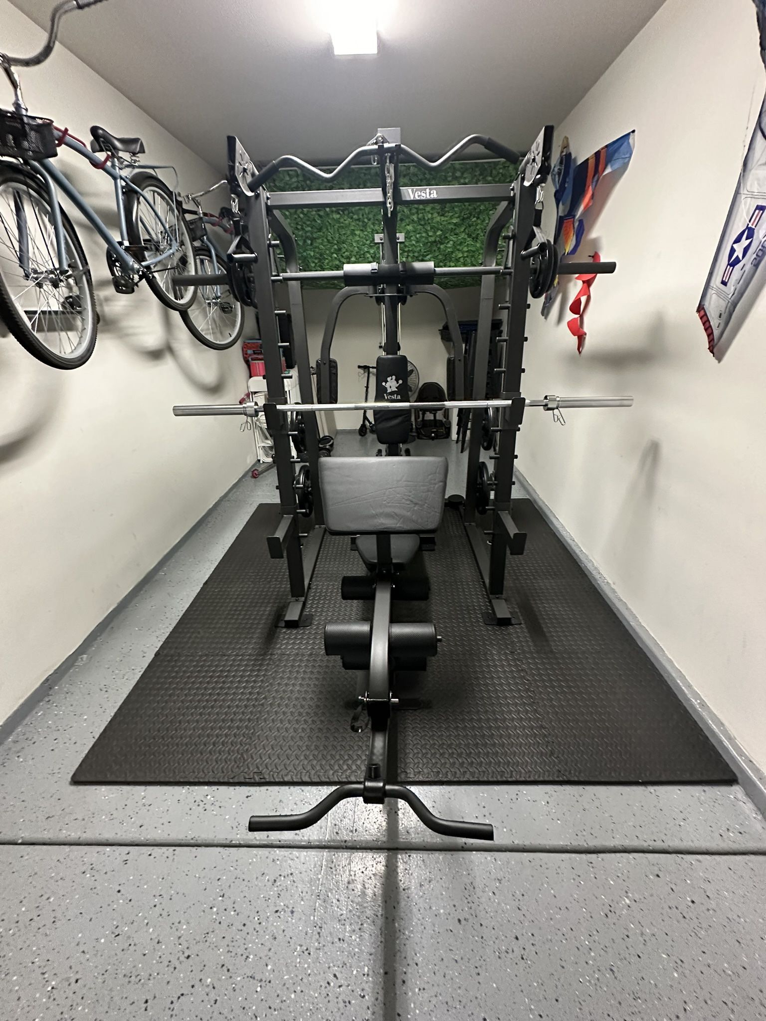 Vesta Fitness Smith Machine 2001 w/Bench Attachment | 230lb Bumpers Weights | 7ft Olympic Bar | Fitness | Gym Equipment | FREE DELIVERY🚚  