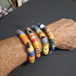 African Krobo Ghana Handcrafted Glass Bead Stretchable Stack Of 4 Bracelets, Wear 4 On 1 Arm Or 2 On Each Arm, 10-12 Beads Size 7-8 Unisex