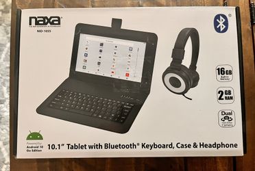 Naxa 10.1 tablet with Bluetooth keyboard case and headphones. Black