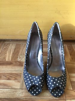 Polka dotted, black, peep-toe high heels