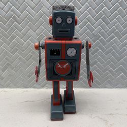 QSN SCHYLLING Retro Tin Toy Mechanical Lithographic Windup Grey Robot VINTAGE