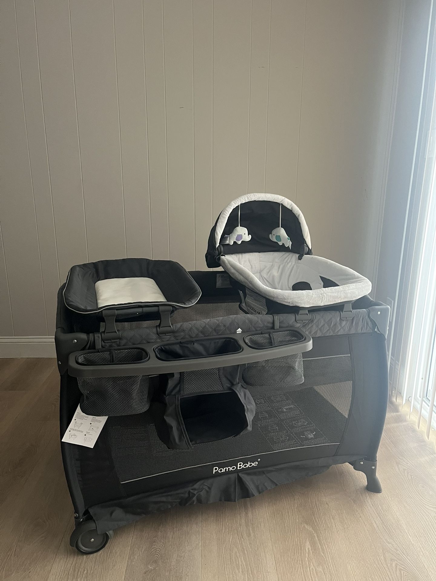New Pamo Babe Deluxe Nursery Center, Foldable Playard for Baby & Toddler, Bassinet, Mattress, Changing Table for Newborn(Black)