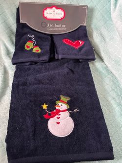 Trim A Home Christmas Snowman 3 pc Bath Set Navy Blue