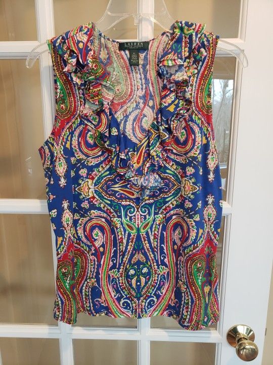 Ralph Lauren Petite-Multicolor Paisley Ruffled V-neck Sleeveless Top Size: LP