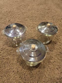 Vintage Pyrex glass condiment/jam jar set with lids 3 piece