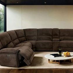 Large Sectional Sofa In Brown Java Fabric With Power Reclining Seats