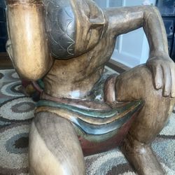 1960’s Hand Wood Carved Figural and Glass Table - Bold and Beautiful Statement Piece