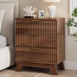 New Fluted Nightstand, 24" Wide Side Table with 3 Large Storage Drawers, Mid Century Modern Wood Night Stand with Metal Handle, Wooden Bedside End Tab
