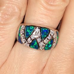 Beautiful NEW Sterling Silver Fire Opal Inlay Blue & Green Ring! 🔥💍